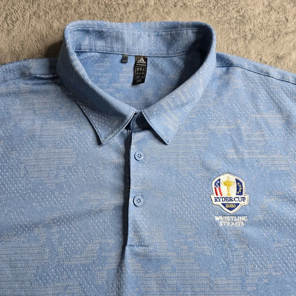Adidas Camo Polo Shirt Mens 2XL Blue Jacquard Ryder Cup 2020 Whistling Straits